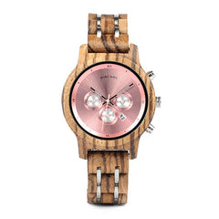 Men's wooden watch by Memories but Unique showing a close-up of the watch face and wooden band on a neutral background.