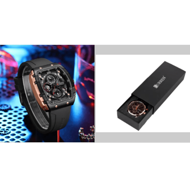 Men's Memories but Unique six-pin quartz tape watch with black dial and metal band, stylish men's wristwatch.