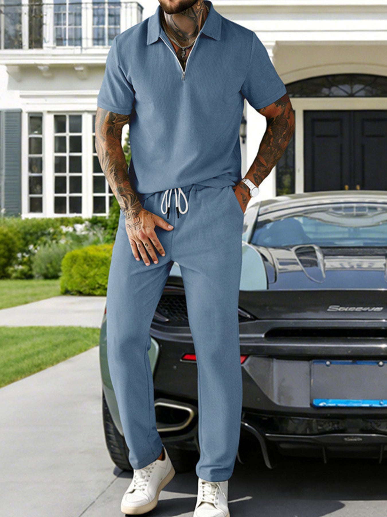Men's plus size casual zipper polo shirt and drawstring pants set by Trendsi, featuring a comfortable fit and stylish design.