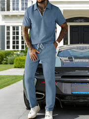 Men's plus size casual zipper polo shirt and drawstring pants set by Trendsi, featuring a comfortable fit and stylish design.