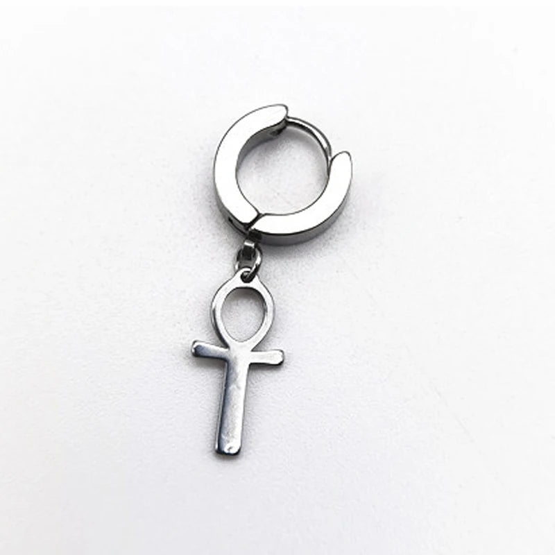 Men's and women's antiqued black stainless steel Ankh cross earrings featuring Egyptian Cleopatra design, unisex Egyptian jewelry.