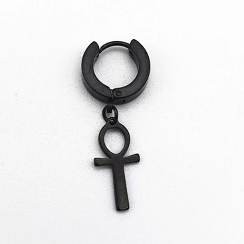 WKOUD men's Ankh cross earrings in black stainless steel with Egyptian Cleopatra design, unisex jewelry by Memories but Unique