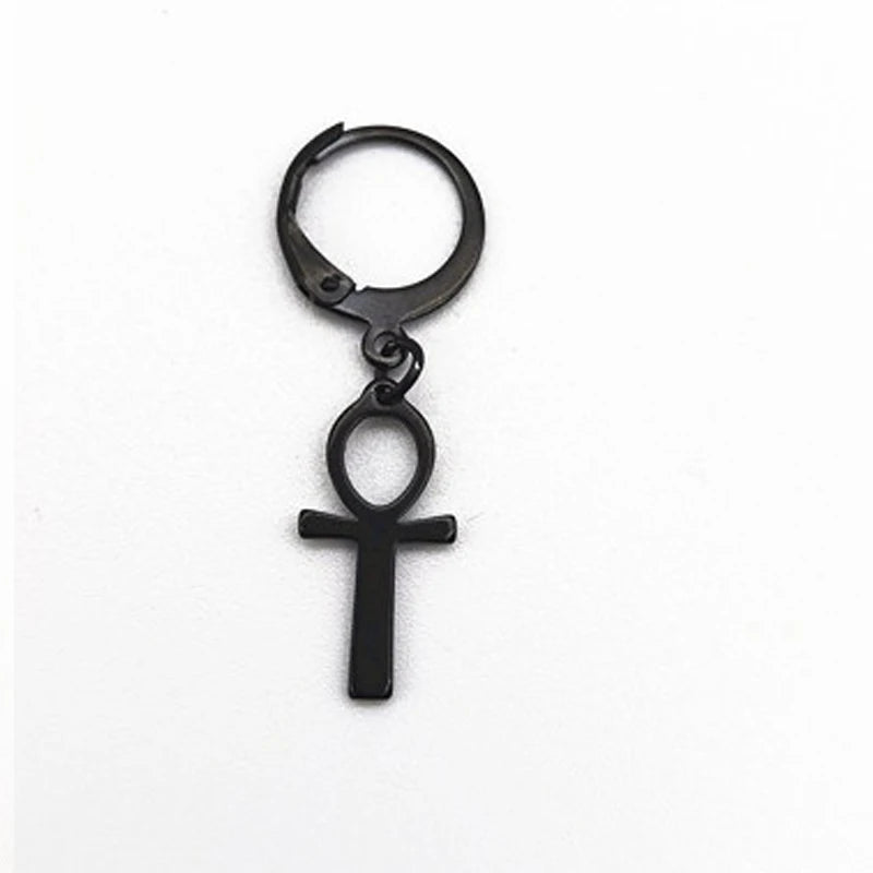 WKOUD men's and women's Ankh cross earrings in antiqued black stainless steel with Egyptian Cleopatra design by Memories but Unique