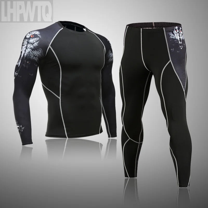 Men's MMA rash guard and compression leggings set from Memories but Unique, quick-drying athletic sportswear for fitness training.