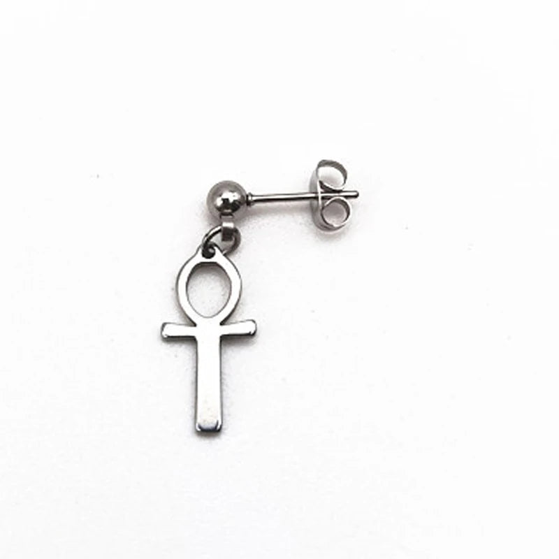WKOUD men's Ankh cross earrings in antiqued black stainless steel with Egyptian Cleopatra design, unisex jewelry, black finish