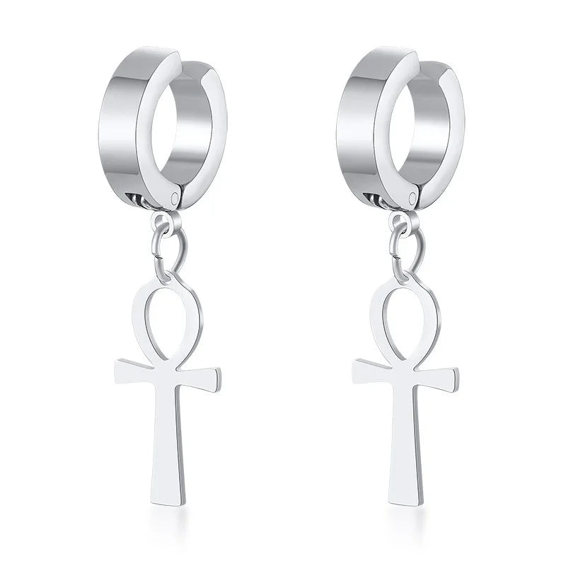 Mens and womens WKOUD Egyptian Ankh cross earrings in antiqued black stainless steel with Cleopatra design by Memories but Unique.