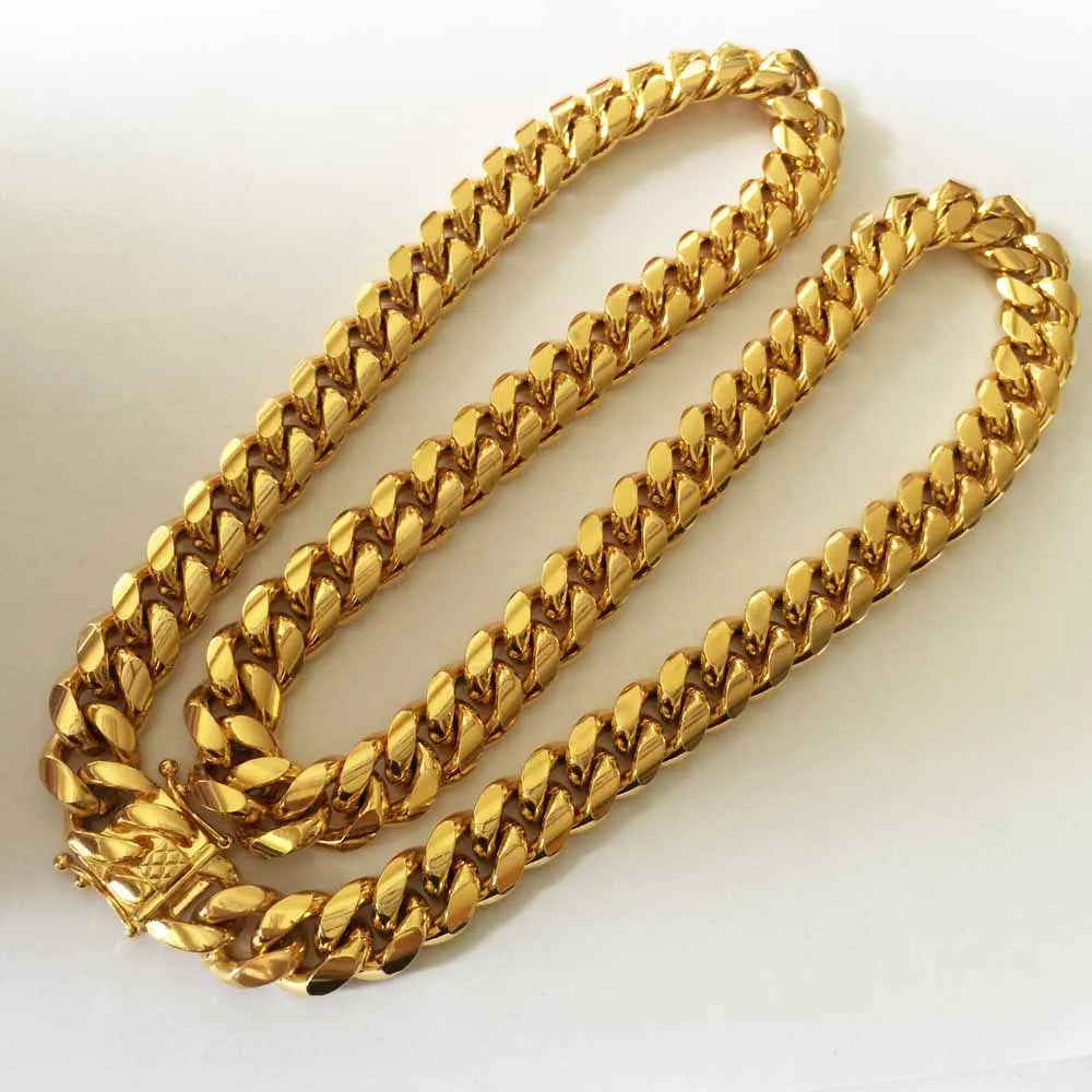 Stainless steel Miami curb Cuban chain necklace with dragon lock clasp, men's jewelry from Memories but unique, in various lengths.