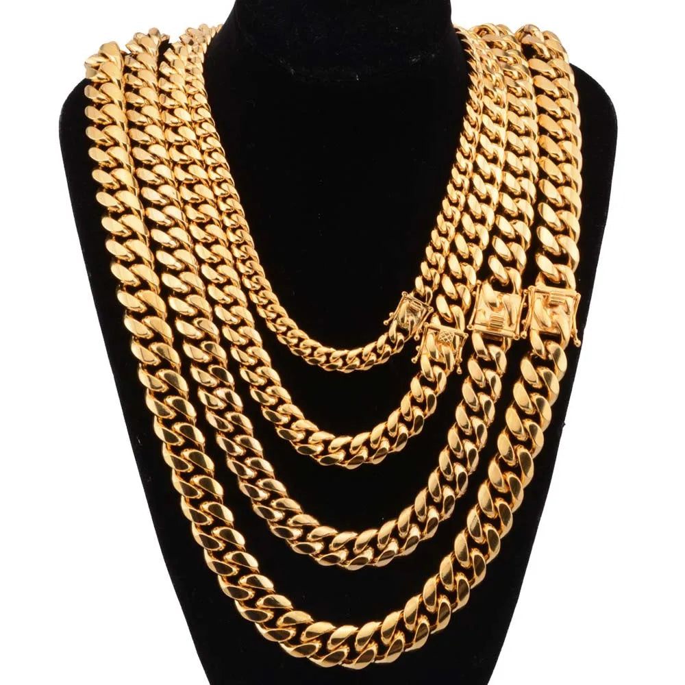 Stainless steel Miami curb Cuban chain necklace with cast dragon lock clasp, men's rock DJ jewelry by Memories but Unique.