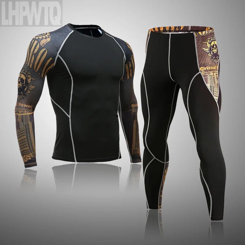 Men's Memories but Unique MMA rashguard and compression sportswear set, quick-drying fitness training kit, thermal underwear leggings.