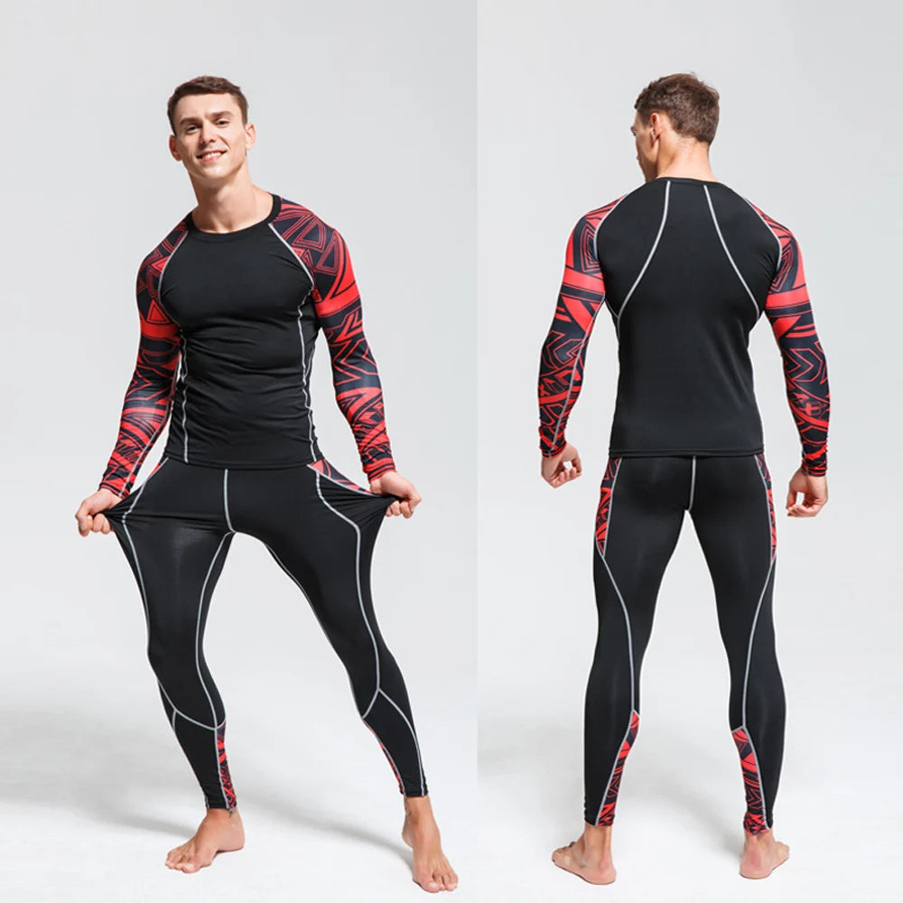 Men's MMA rash guard and compression sportswear set by Memories but Unique, quick-drying and thermal leggings for fitness training.