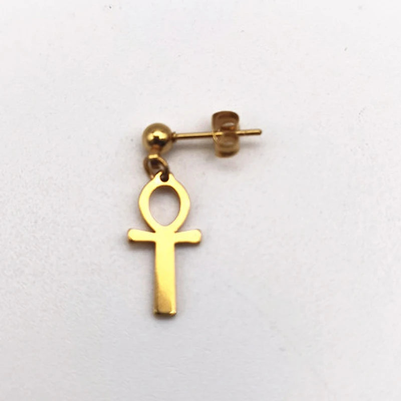 Men's and women's antiqued black stainless steel Ankh cross earrings with Egyptian Cleopatra design by Memories but unique.