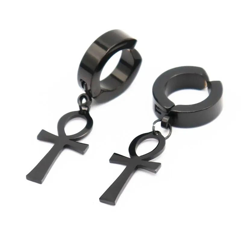 WKOUD men's and women's Ankh Cross earrings in antiqued black stainless steel with Egyptian Cleopatra design jewelry.