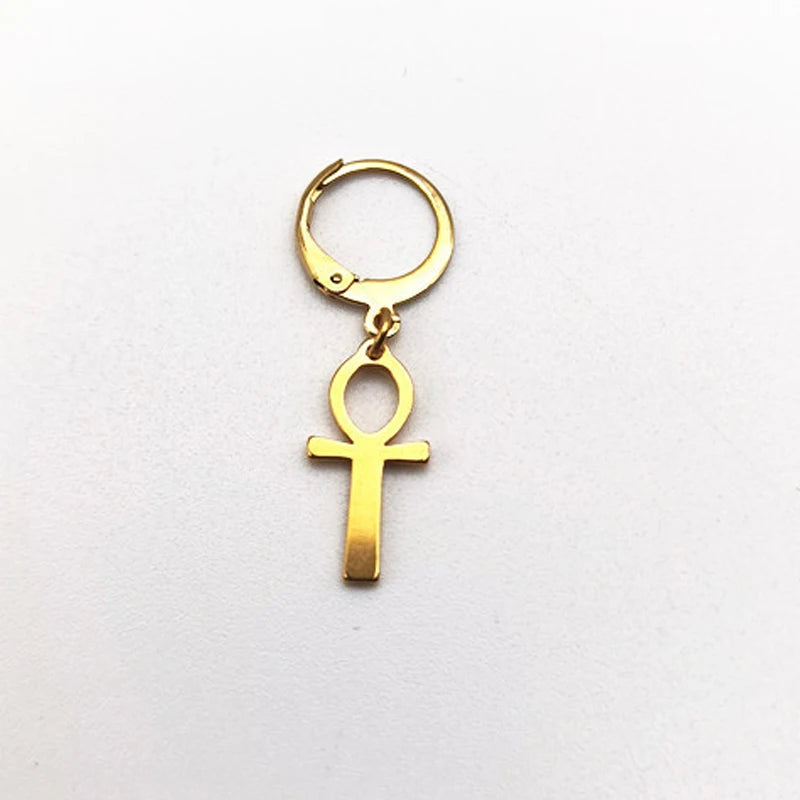 Mens and women's WKOUD Egyptian Ankh Cross earrings in antiqued black stainless steel featuring Cleopatra-inspired Egyptian Queen design.