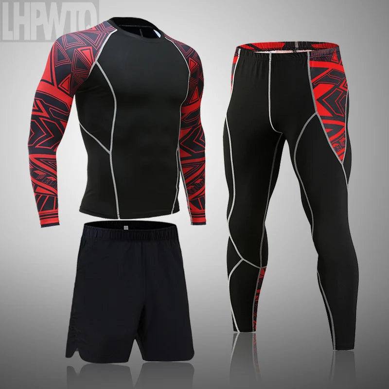 Men's MMA sports suit by Memories but Unique, quick-drying rash guard and compression leggings for fitness and training.