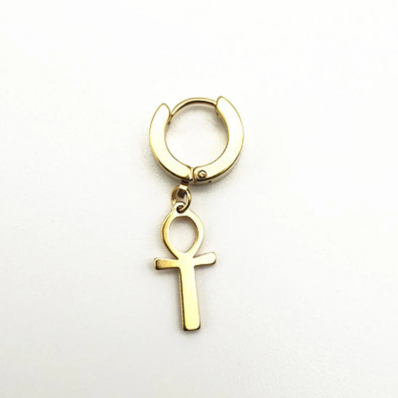 HD image of WKOUD men's and women's Egyptian Ankh cross earrings in antiqued black stainless steel, featuring Cleopatra and Queen motifs.