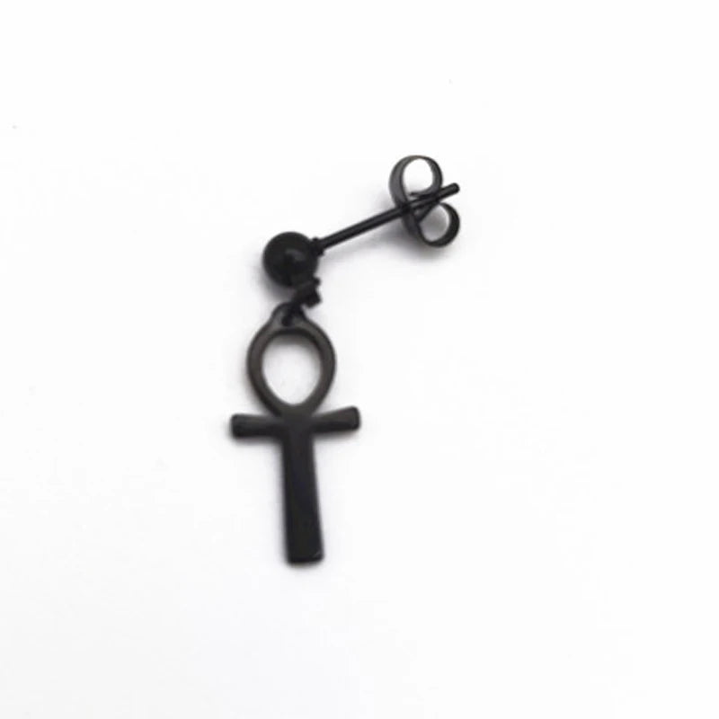 WKOUD men's Ankh cross Cleopatra earrings in antiqued black stainless steel, Egyptian Queen design, unisex jewelry.