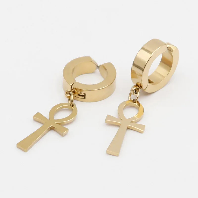 Mens and women's black stainless steel Ankh cross earrings featuring Egyptian Cleopatra design, unisex jewelry by Memories but unique.