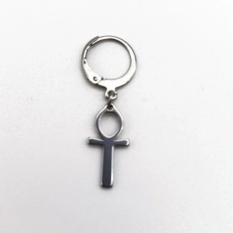 Men's and women's antiqued black stainless steel Ankh cross earrings with Egyptian Cleopatra design by Memories but unique.