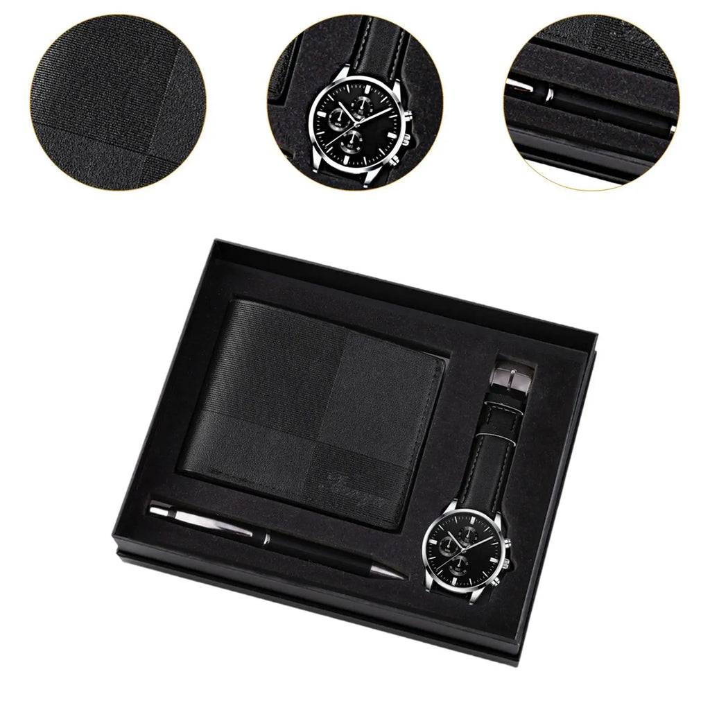 Men's gift set including a watch, wallet, and pen from Memories but Unique, perfect for holidays, anniversaries, or Father's Day.