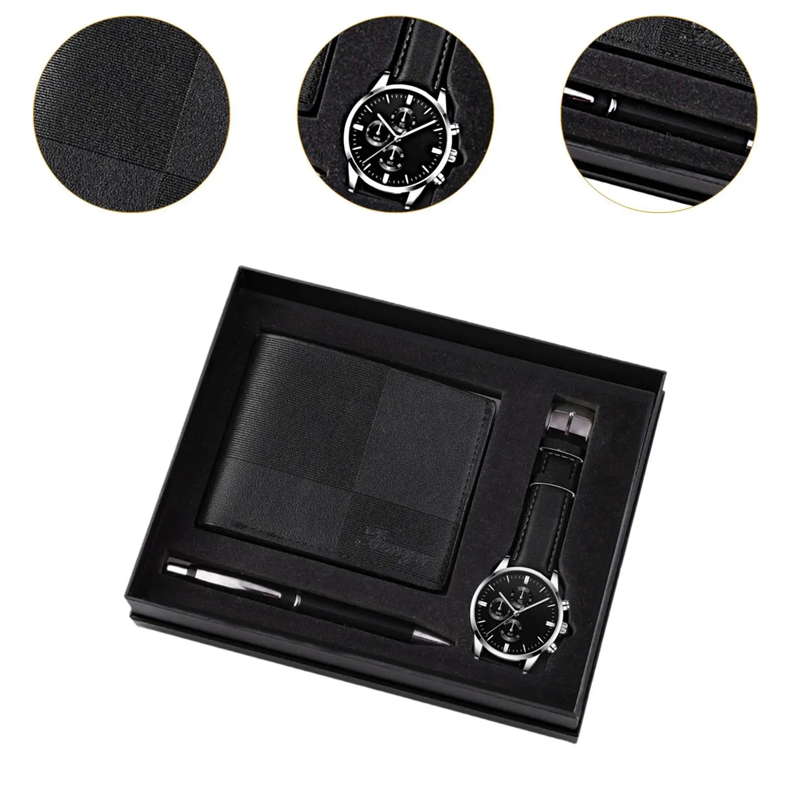 Men's gift set including a watch, wallet, and pen from Memories but Unique, perfect for holidays, anniversaries, or Father's Day.