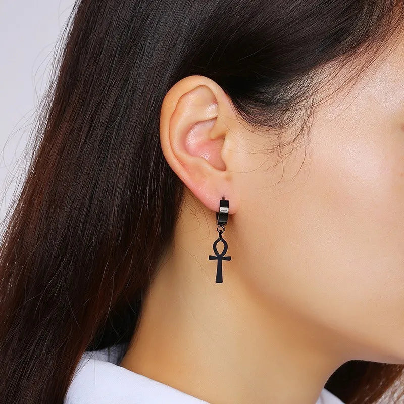Antiqued black stainless steel WKOUD men's and women's Ankh Cross Egypt Cleopatra earrings with Egyptian Queen design.