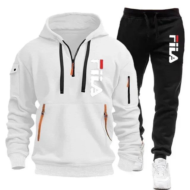 Two sets of fashionable men's sportswear including zippered hooded sweatshirt and sweatpants for casual fitness and jogging.