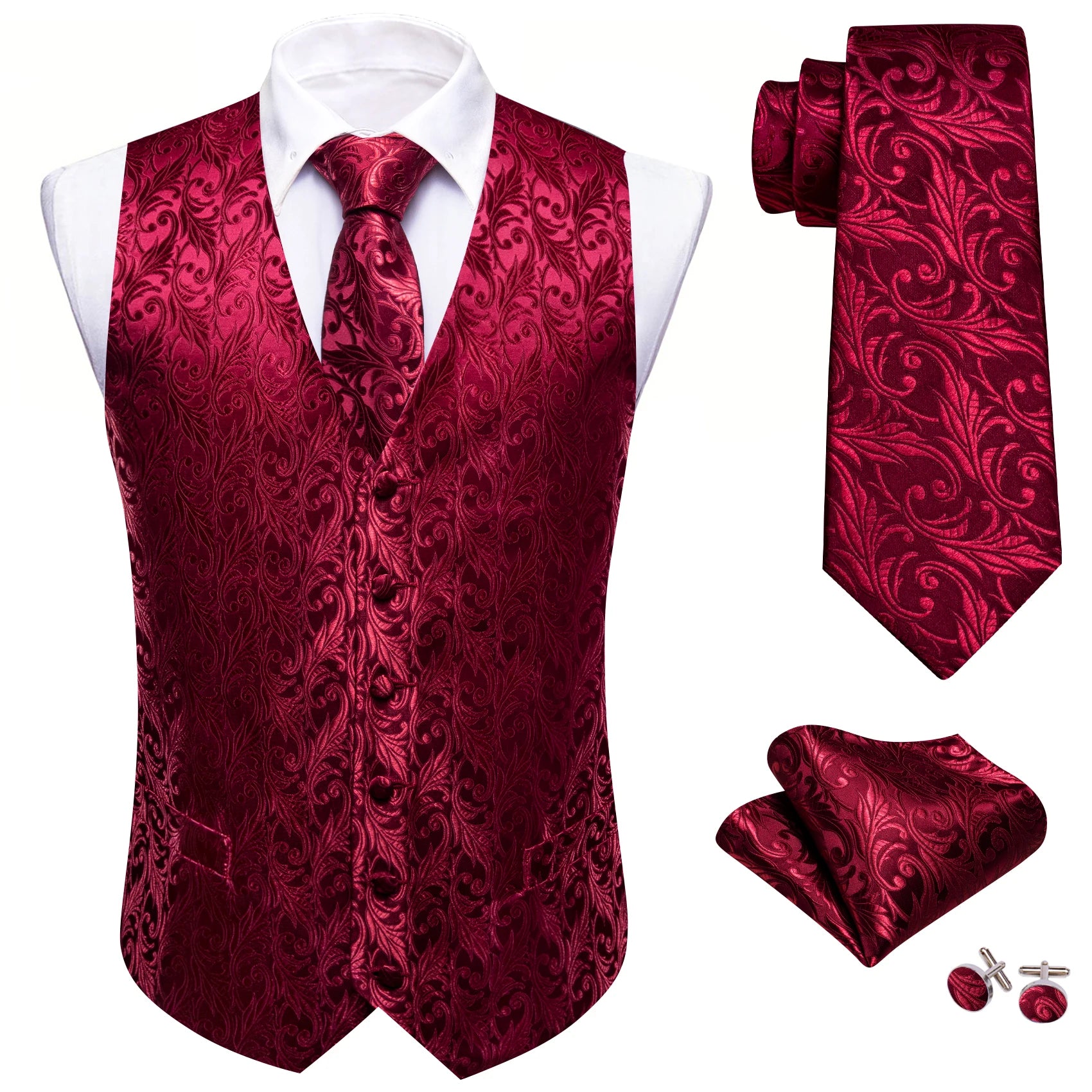 Barry.Wang 100-color silk men’s vest, tie, hanky, cufflinks set with paisley floral jacquard waistcoat for wedding or business.