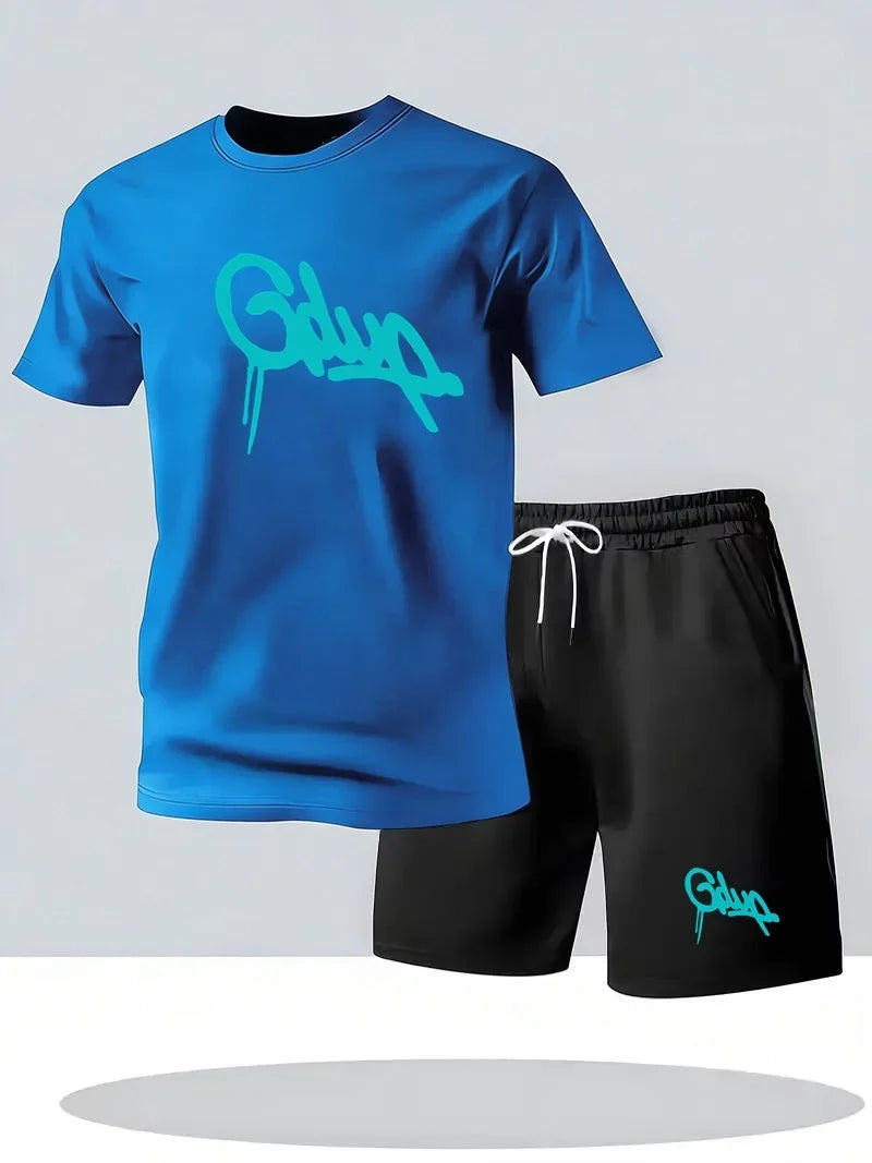 Memories men's casual sports shorts set with breathable fabric, includes T-shirt and shorts in retro style, comfortable and stylish.