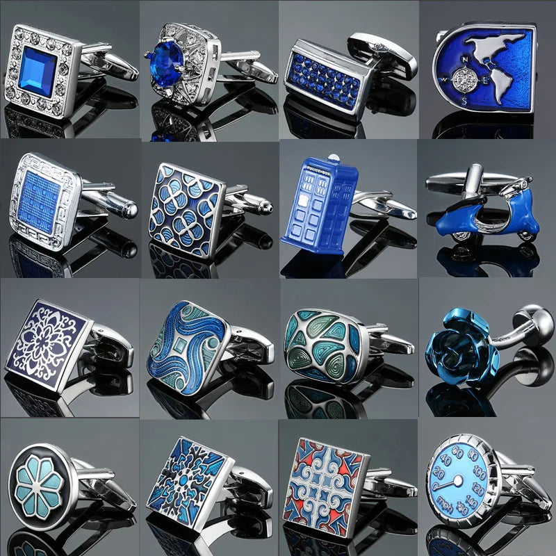 Luxury blue retro metal cufflinks for men featuring French square design, suitable for shirts, weddings, and business occasions.