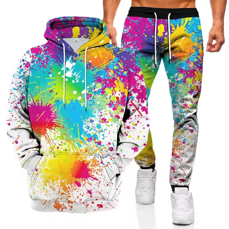 Ink graffiti style 3D printed autumn hoodie and sweatpants men's streetwear tracksuit, showcasing vibrant graffiti design and comfortable fit.