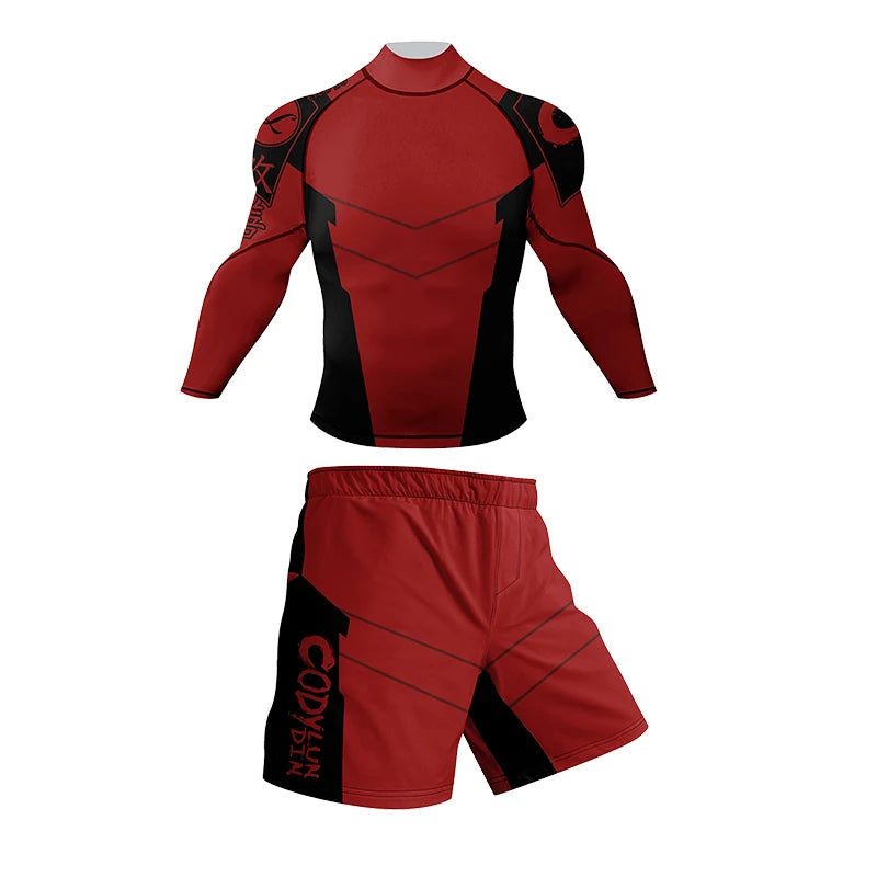 Memories but Unique men's 4-piece BJJ rashguard set with grappling compression shirts and pants, designed for sports and training.