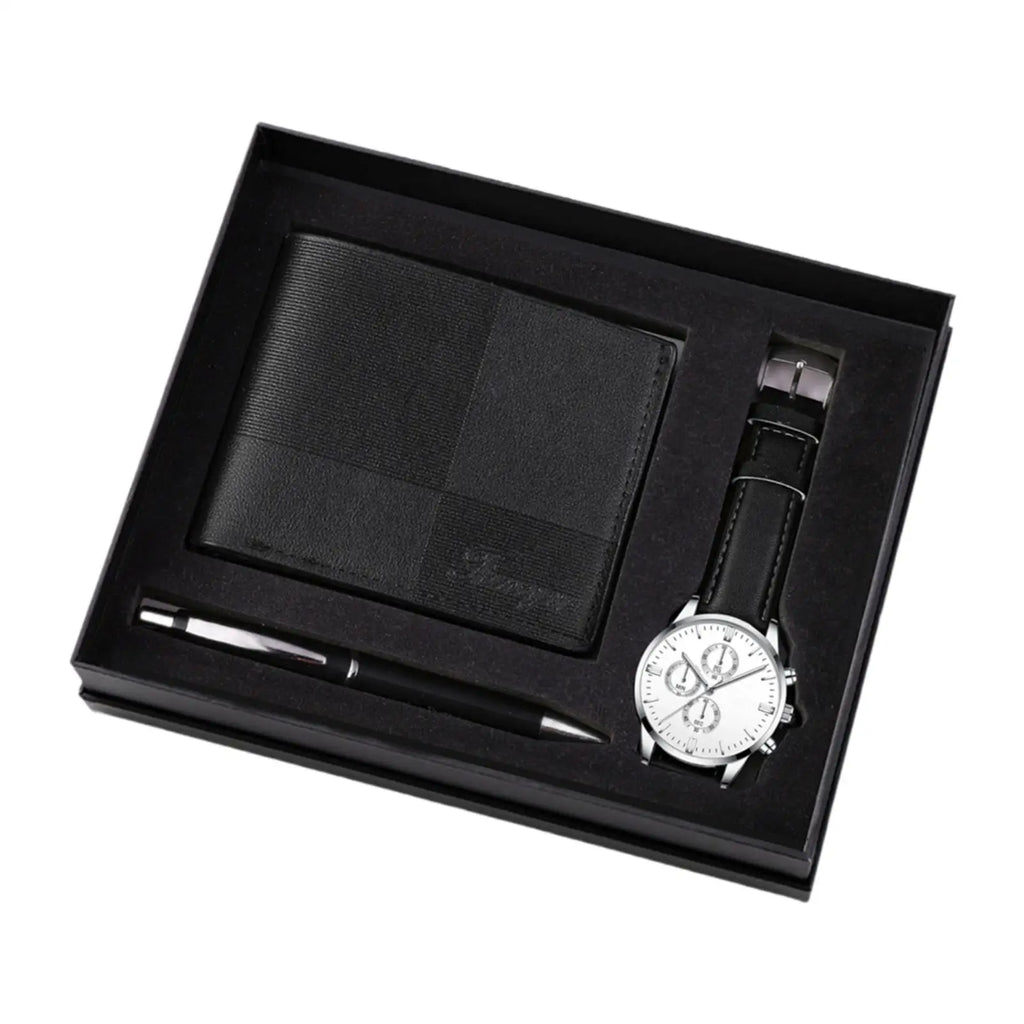 Men's gift set including a stylish watch, wallet, and pen from Memories but unique, perfect for holidays or special occasions.