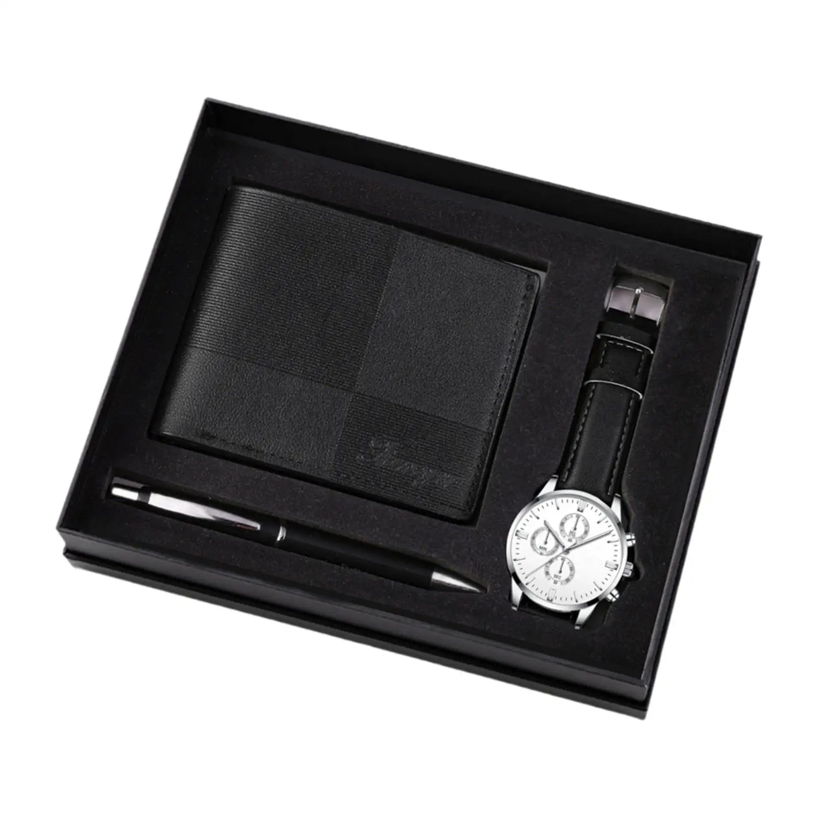 Men's gift set including a stylish watch, wallet, and pen from Memories but unique, perfect for holidays or special occasions.