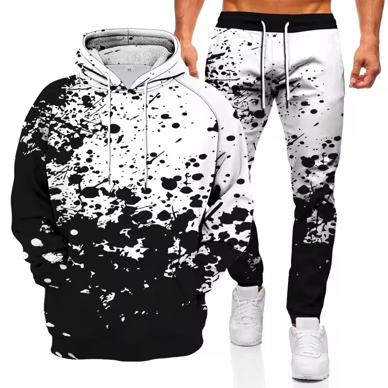 Men's autumn hoodie and sweatpants set with graffiti 3D print, street style, ShineOn Fulfillment two-piece tracksuit for casual wear.