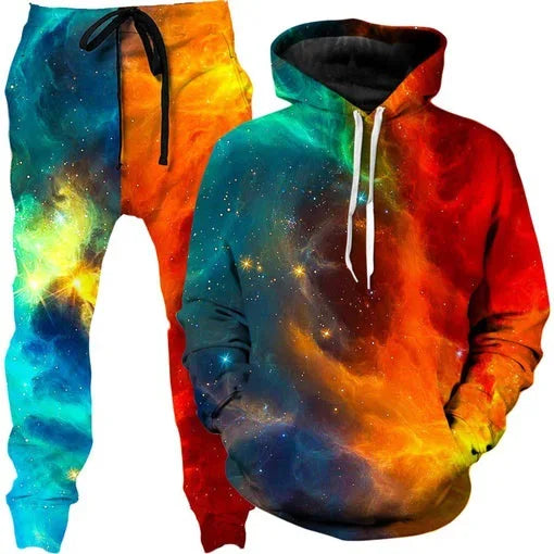 Colorful abstract mandala 3D print hoodie and sweatpants set for men, featuring vibrant designs in a casual outdoor tracksuit style.