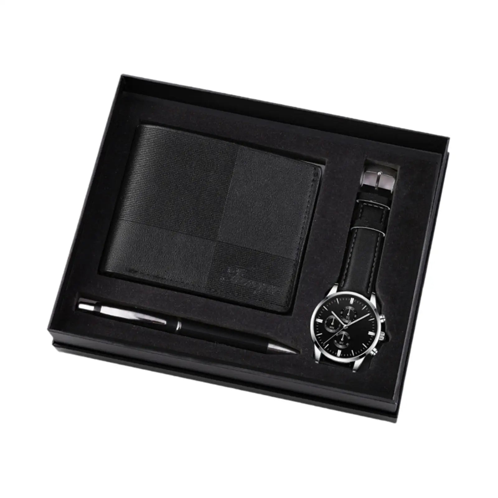 Men's gift set with watch, wallet, and pen from Memories but Unique, ideal for holidays, anniversaries, or Father's Day celebrations.