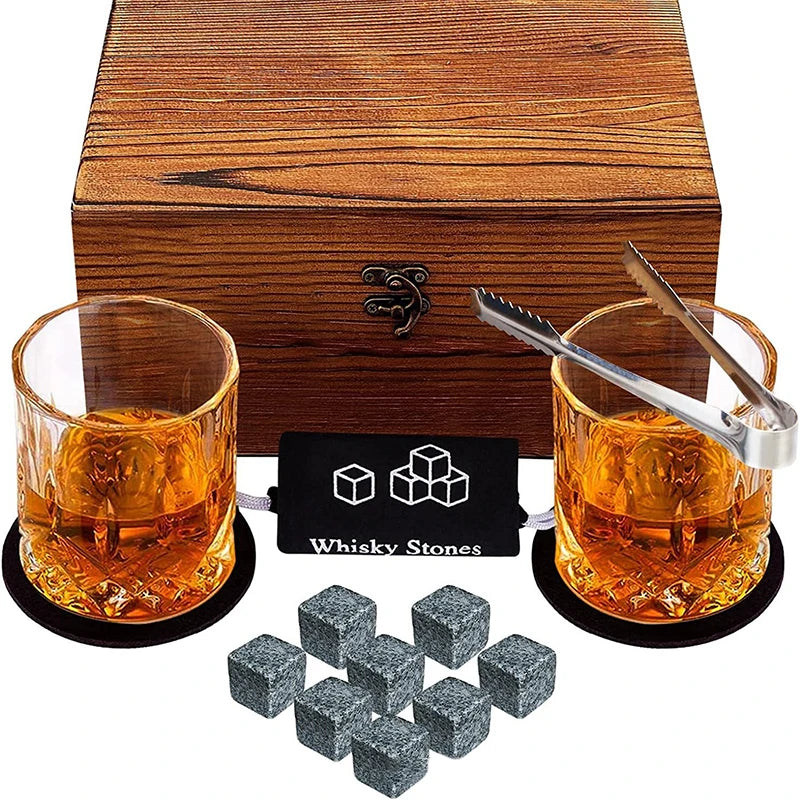 Memories but Unique whiskey stones set with 8 granite ice cubes, 2 glasses, in wooden bottle box, ideal Father’s Day gift for men