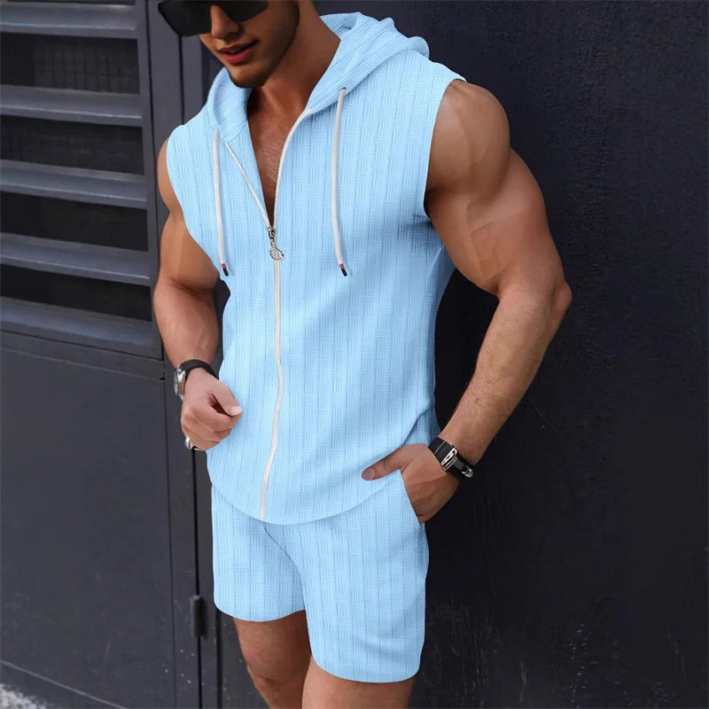 Men's sleeveless plaid zipper vest and shorts two-piece set in five colors, slim fit casual sportswear by ShineOn Fulfillment.