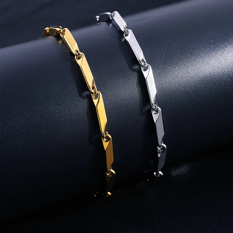 Mens geometric rhombus chain bracelet with stainless steel links, adjustable length, casual style by Memories but Unique.