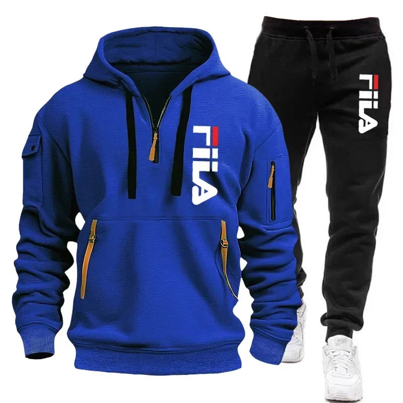 Two sets of Memories but Unique men's sportswear including zippered hooded sweatshirt and sweatpants for casual fitness and jogging.