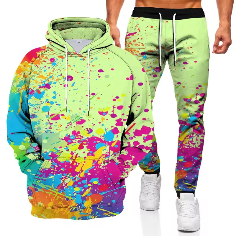 Street-style men's Ink Graffiti 3D printed autumn hoodie and sweatpants set, featuring a bold graffiti design and comfortable fit.
