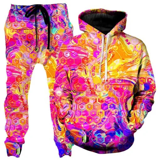 Colorful abstract mandala 3D print hoodie and sweatpants set for men, featuring vibrant design and comfortable outdoor tracksuit style.