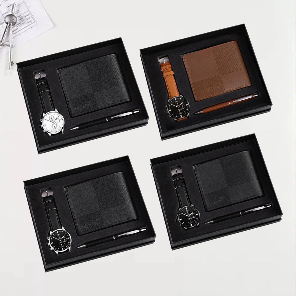 Men's gift set with a watch, wallet, and pen by Memories but Unique, ideal for holidays, anniversaries, or Father's Day.