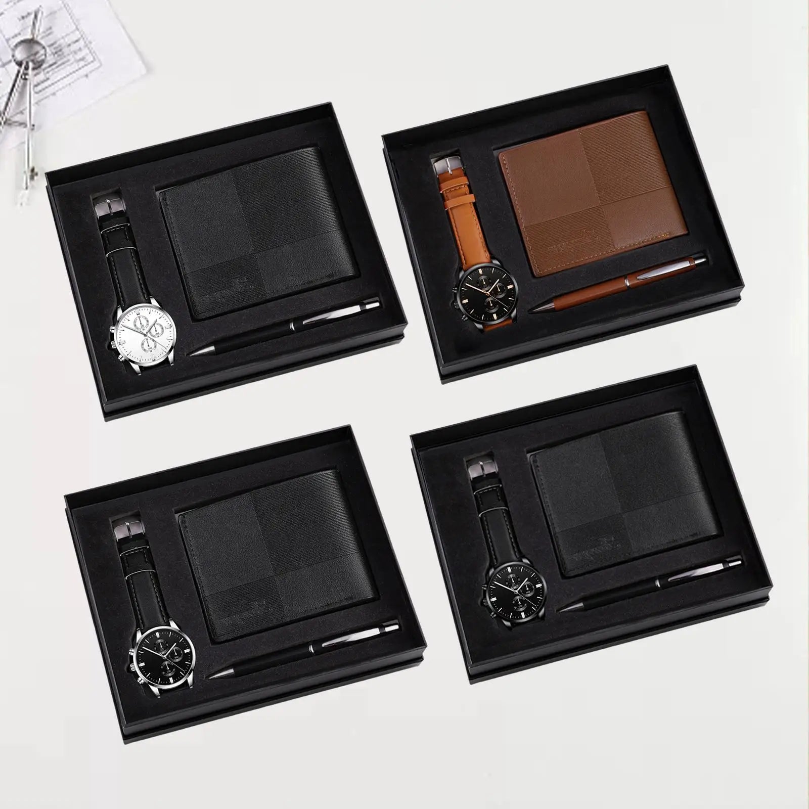 Men's gift set with a watch, wallet, and pen by Memories but Unique, ideal for holidays, anniversaries, or Father's Day.