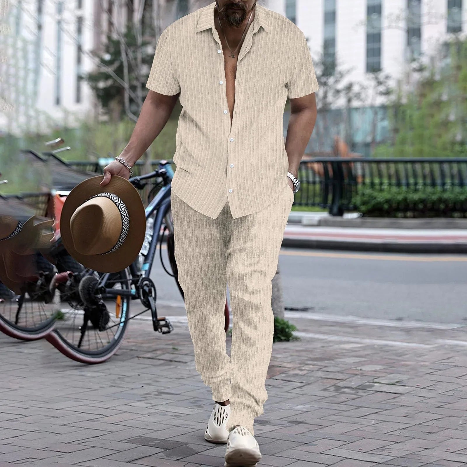 Casual men's short sleeve cardigan and blouse set with pants, summer beach two-piece clothing by Memories but Unique.