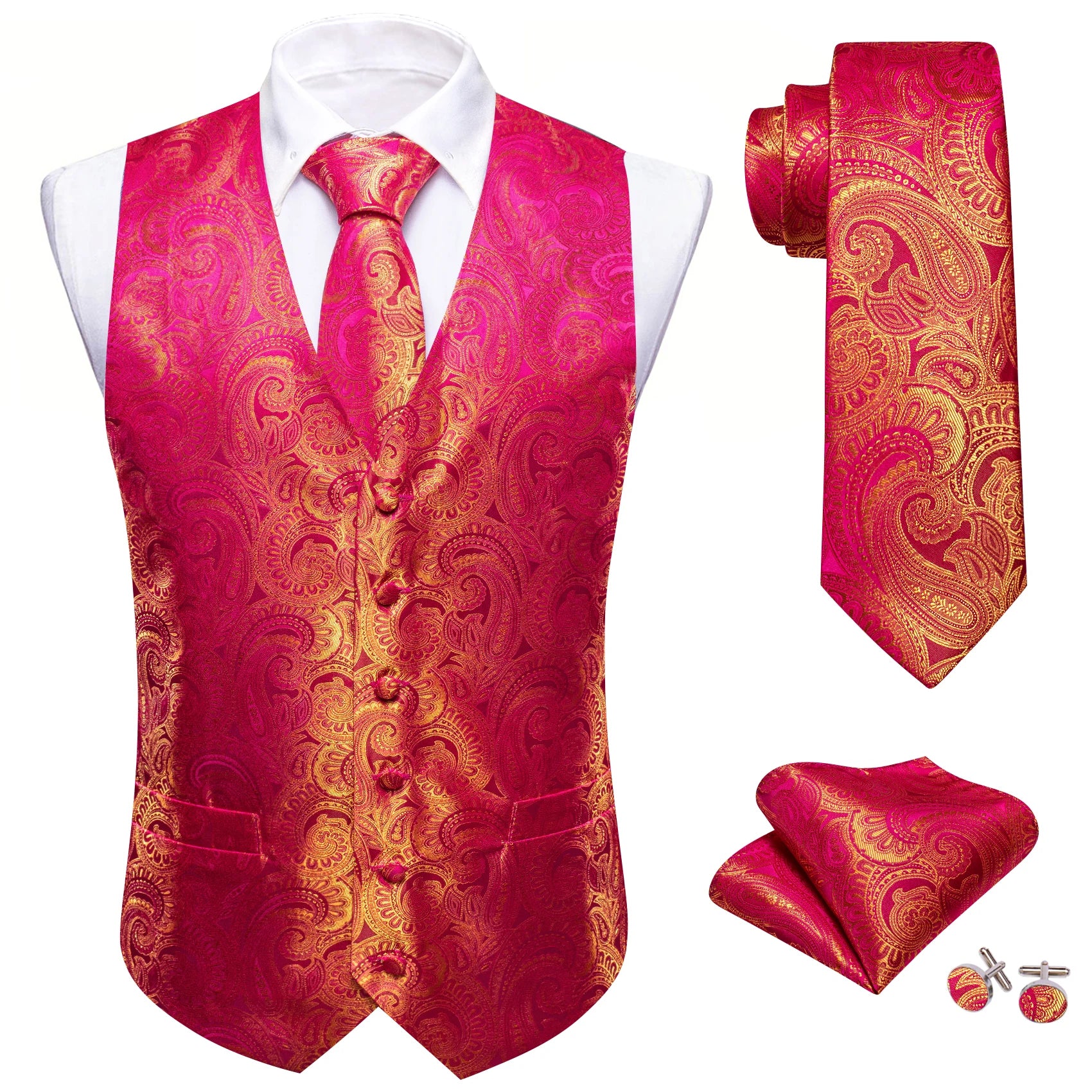Barry.Wang 100-color silk men’s vest tie hanky cufflinks set featuring paisley floral jacquard waistcoat for wedding or business wear