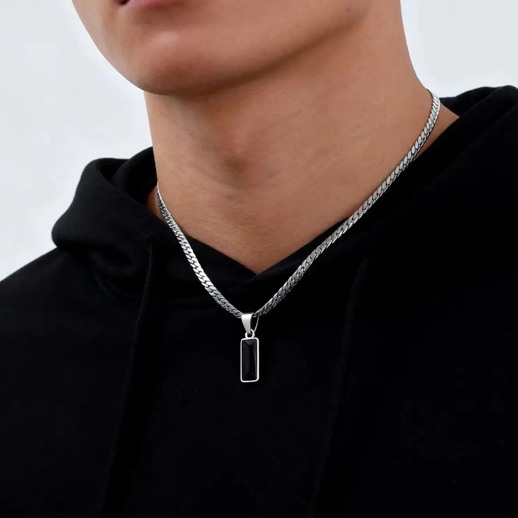 Stylish men's geometric stone pendant necklace with stainless steel Cuban chain, hip hop jewelry gift for him or boys.