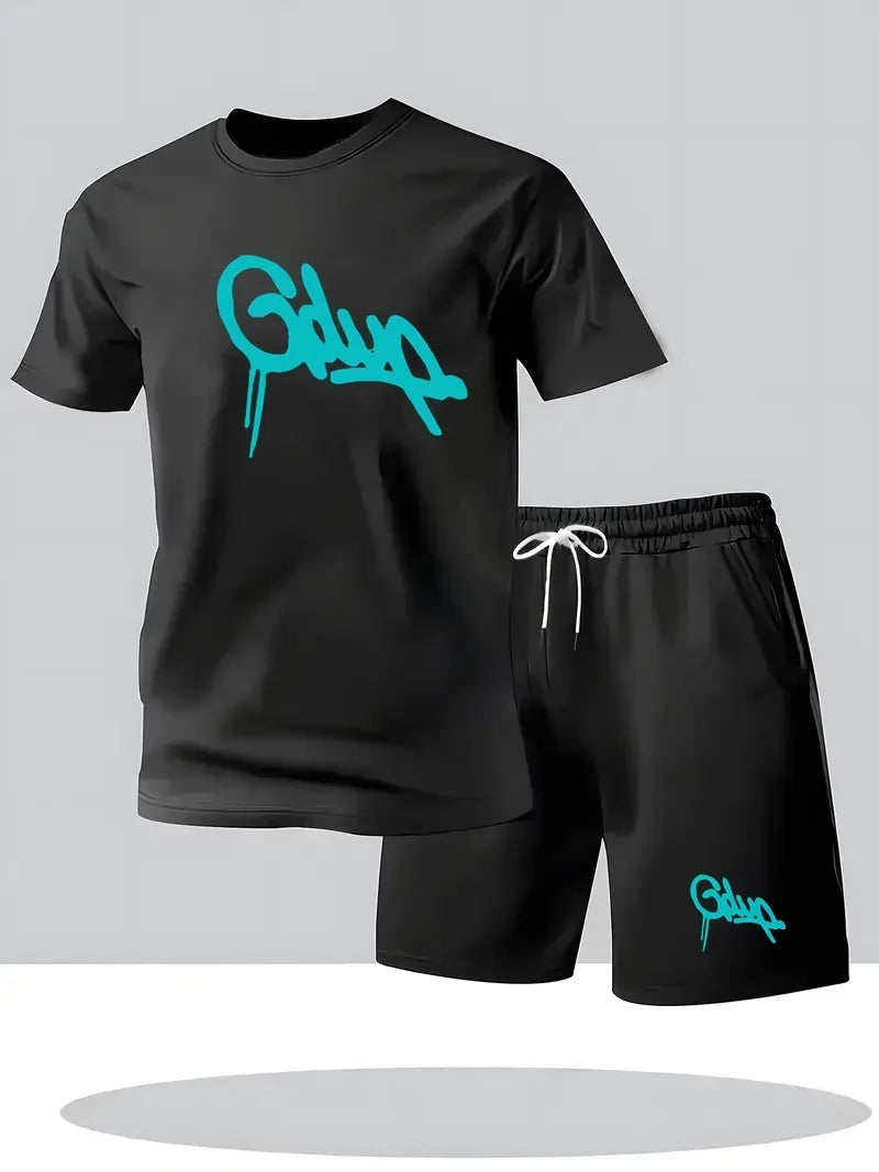 Memories but unique men's casual sports shorts set with breathable fabric, featuring a short sleeve T-shirt and matching shorts.