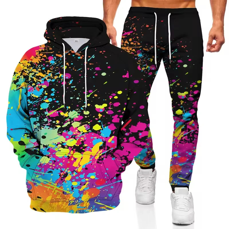 Ink graffiti style 3D printed autumn hoodie and sweatpants set for men, streetwear two-piece tracksuit by ShineOn Fulfillment.