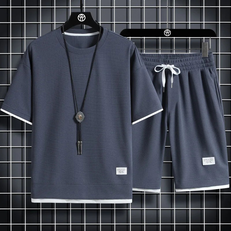 Men's Waffle summer short sleeve and shorts two-piece set by Memories but Unique, casual sports tracksuit in comfortable, cool fabric
